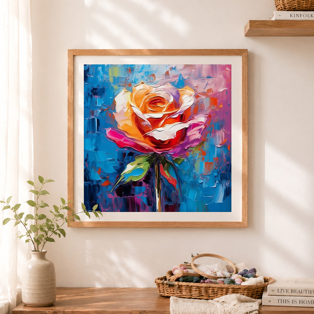 Finished colorful palette knife rose cross stitch artwork displayed as home decor