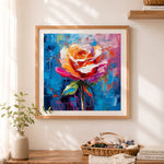 Finished colorful palette knife rose cross stitch artwork displayed as home decor