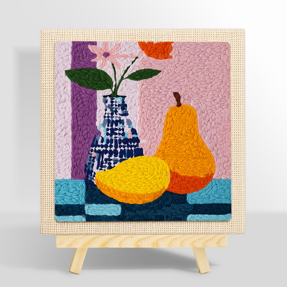 Colorful pear and vase still life punch needle kit for beginners