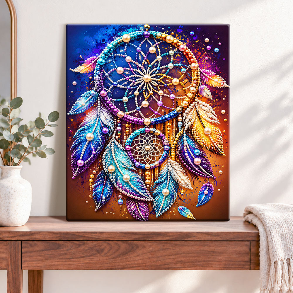 Finished colorful pearl dreamcatcher pearl diamond painting artwork displayed as home decor