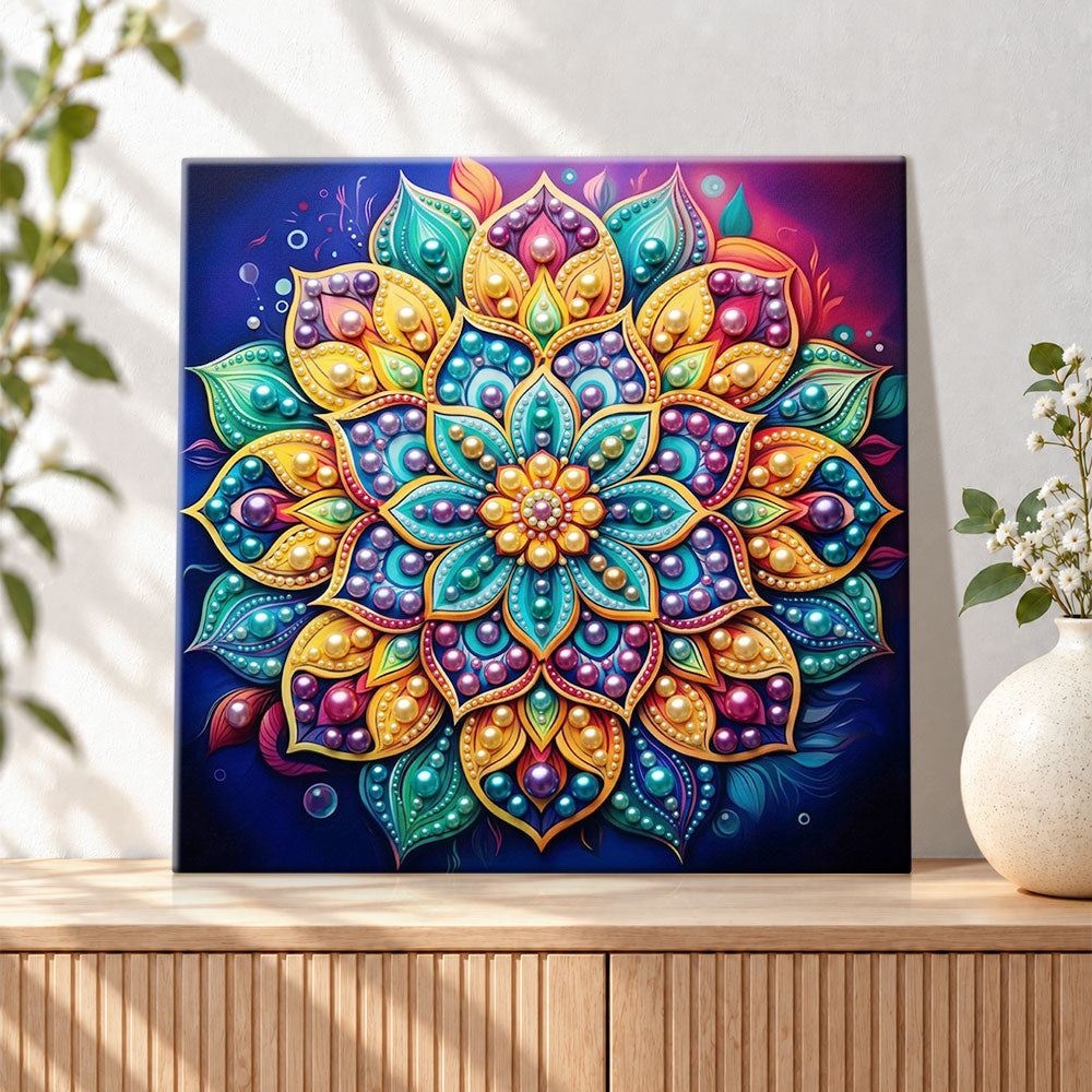 Finished colorful pearl mandala bloom pearl diamond painting artwork displayed as holiday home decor