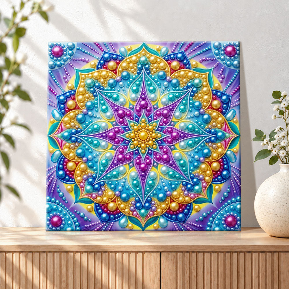Finished colorful pearl mandala flower pearl diamond painting artwork displayed as holiday home decor