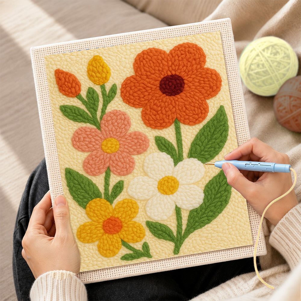 Creating handmade colorful petal flowers punch needle artwork