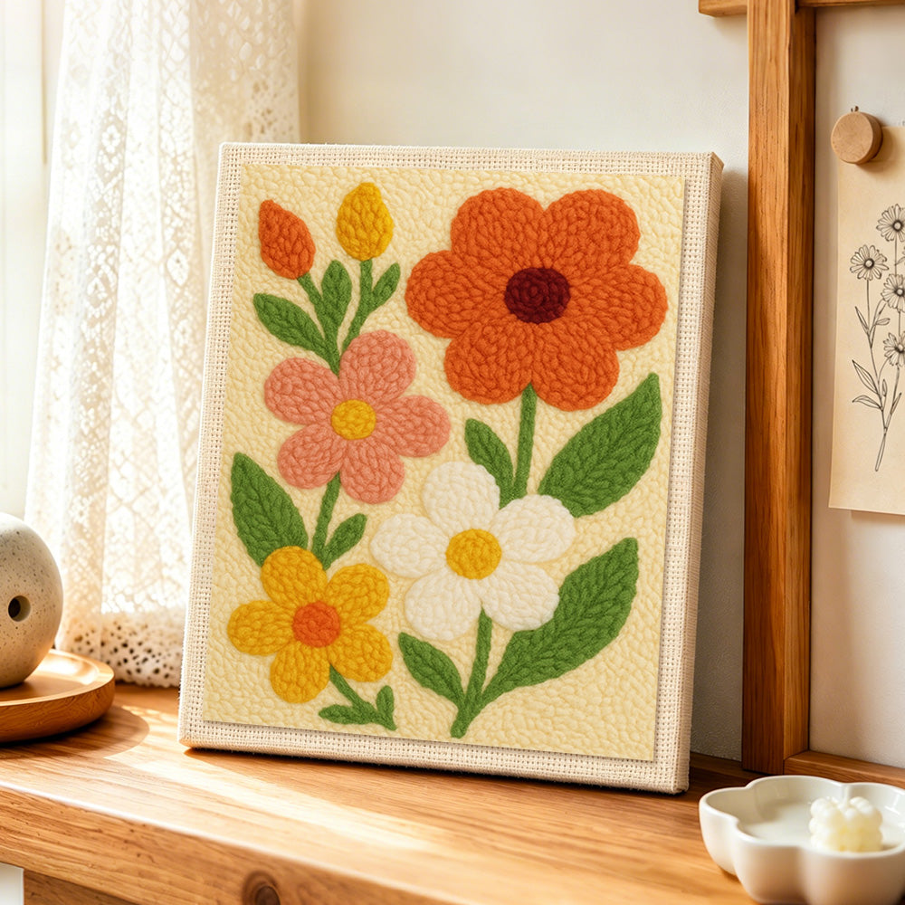 Colorful petal flowers punch needle artwork displayed on a table
