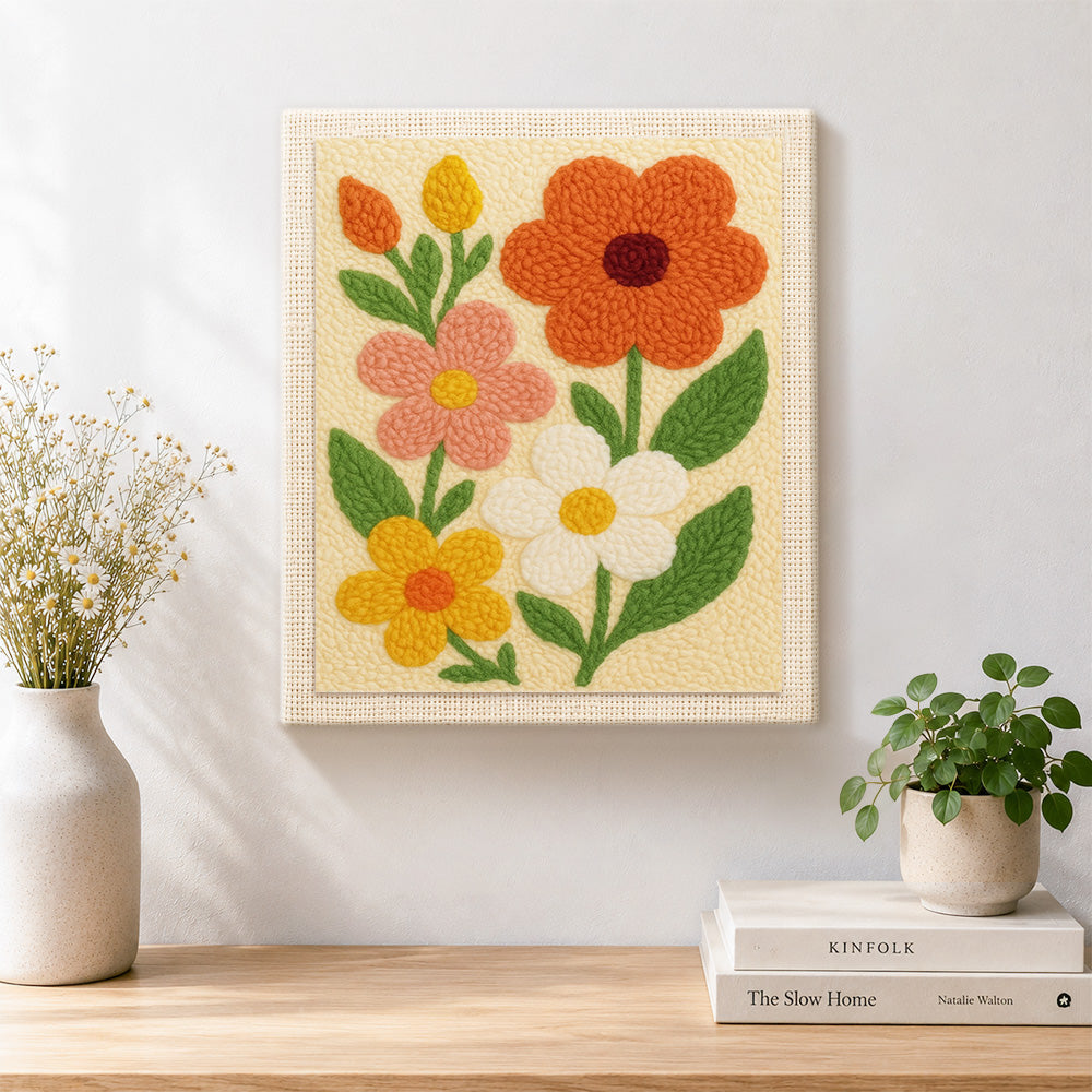 Finished colorful petal flowers artwork displayed on a wall