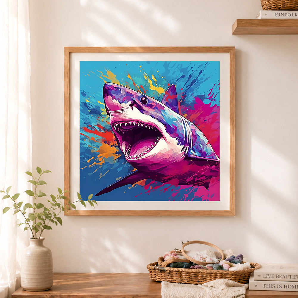 Finished colorful pop‑art shark cross stitch artwork displayed as home decor