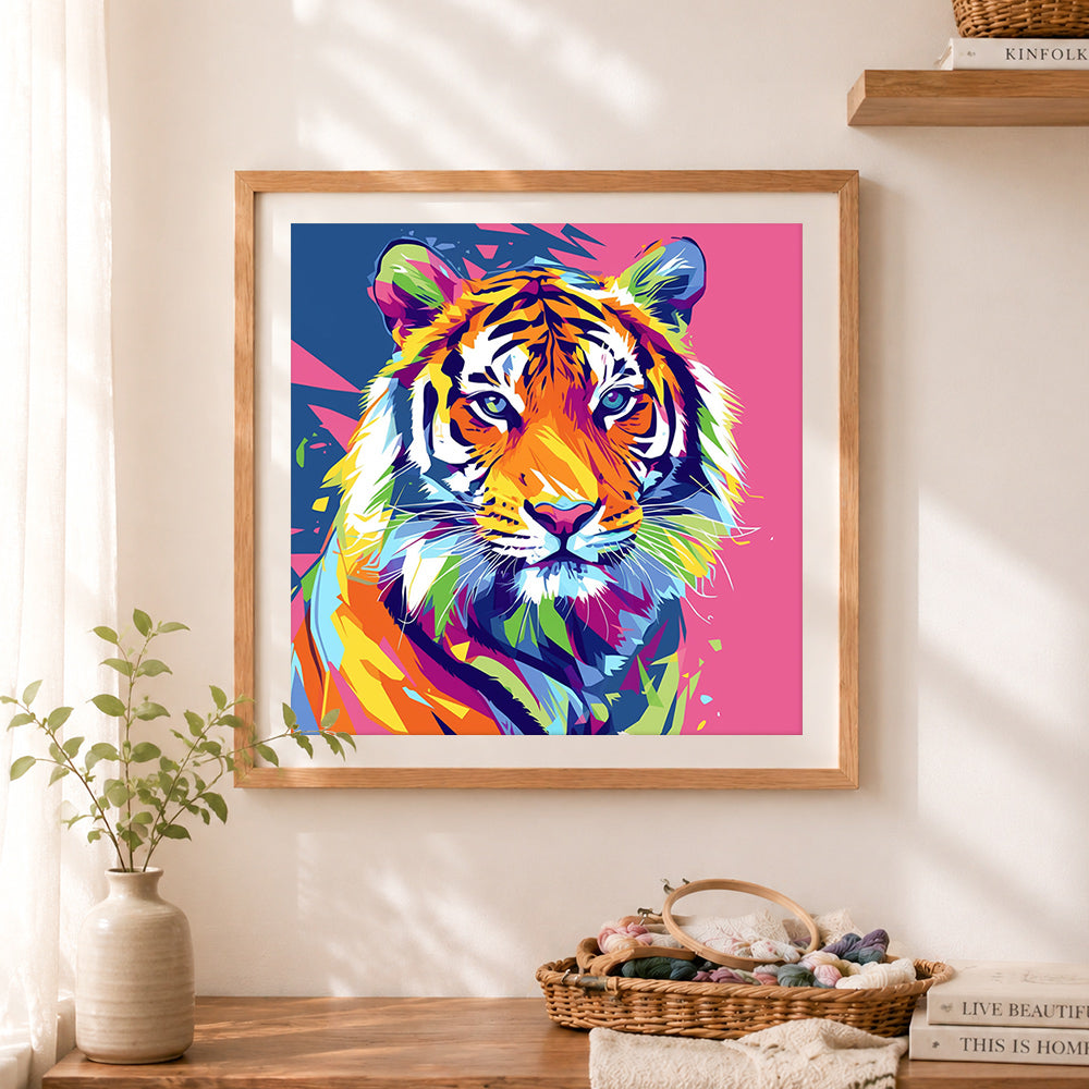 Finished colorful pop art tiger cross stitch artwork displayed as home decor