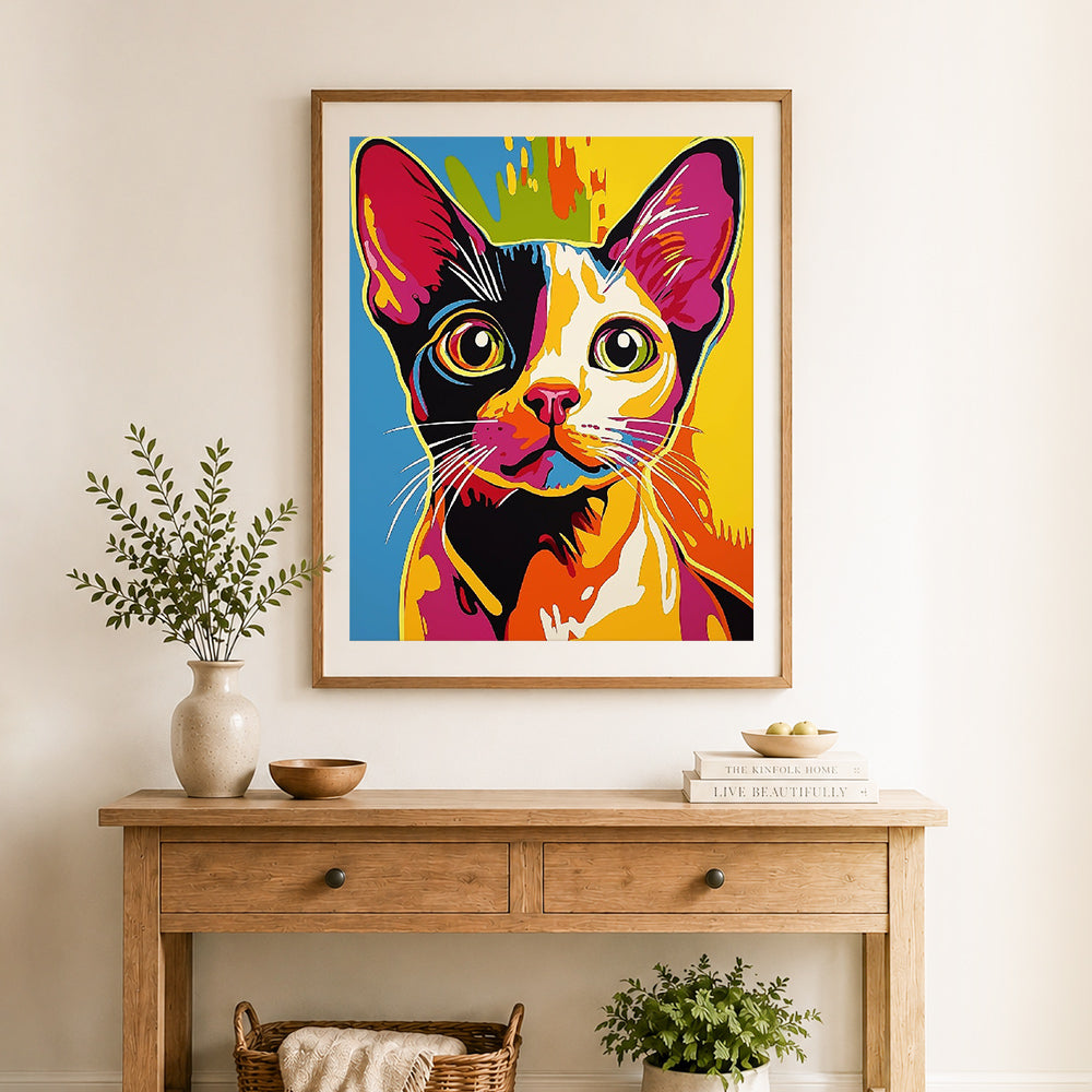 Finished colorful pop kitten cross stitch artwork displayed as home decor