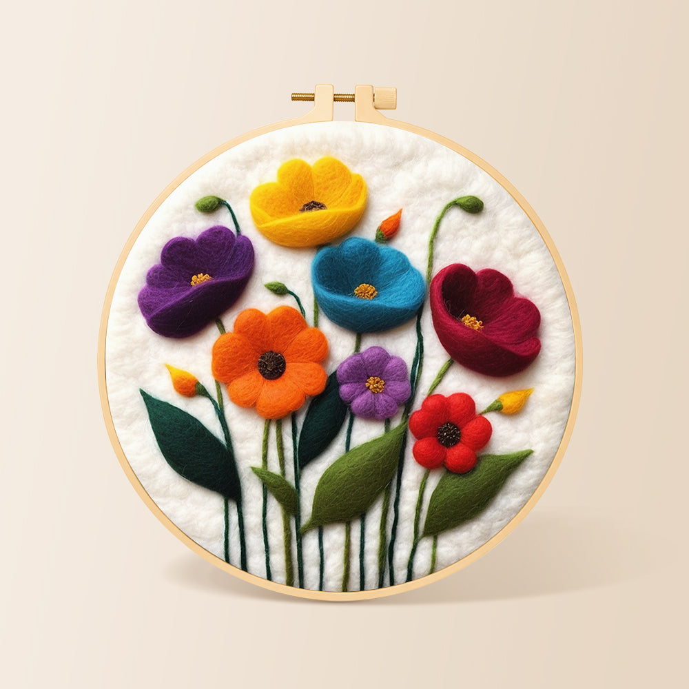 Colorful poppies needle felting kit for beginners with a round wooden frame