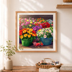 Finished colorful potted garden blooms cross stitch artwork displayed as home decor