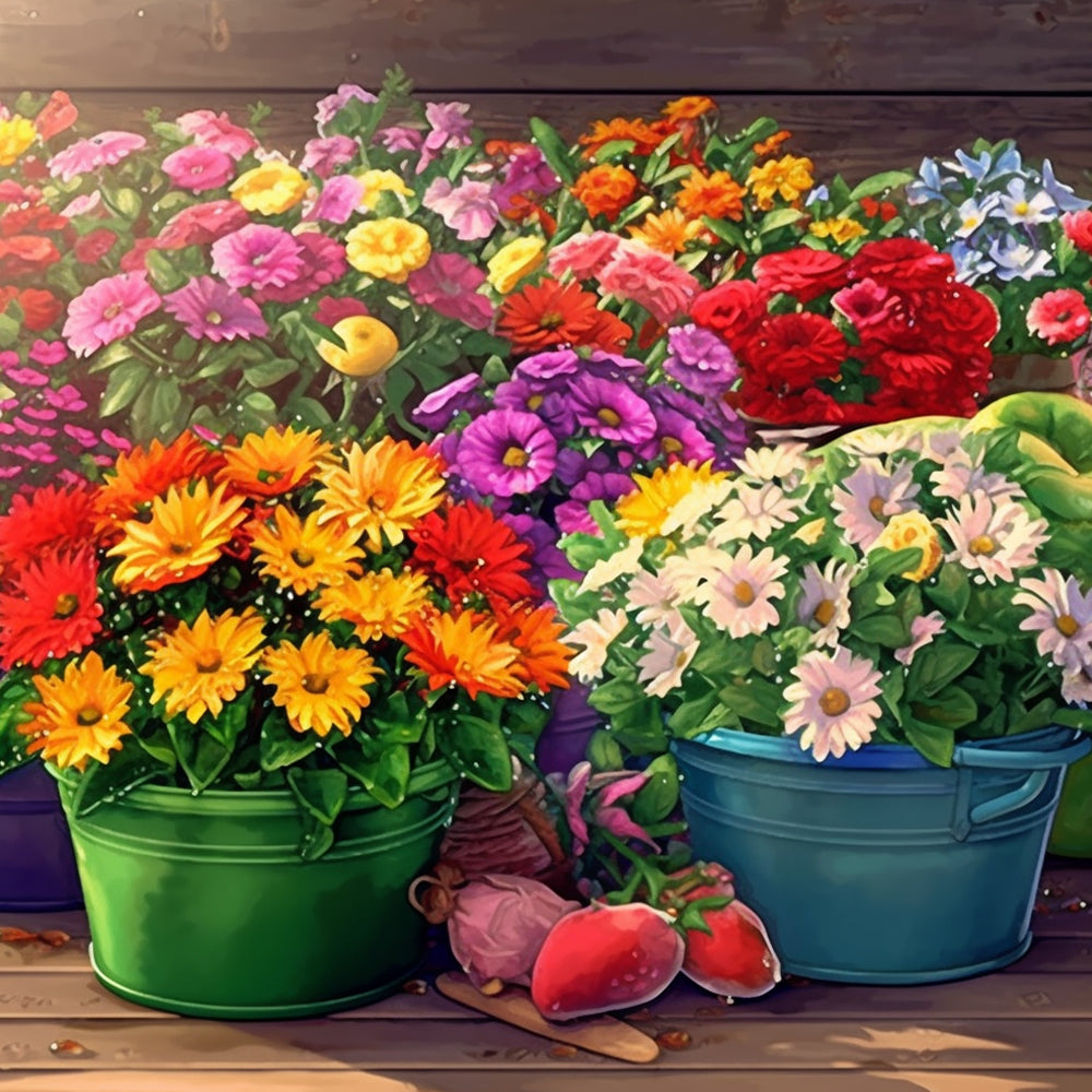 Colorful potted garden blooms cross stitch kit for beginners