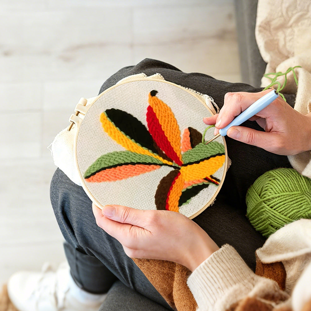 Creating handmade colorful radial leaves punch needle artwork