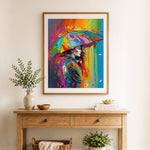 Finished colorful rain portrait cross stitch artwork displayed as home decor