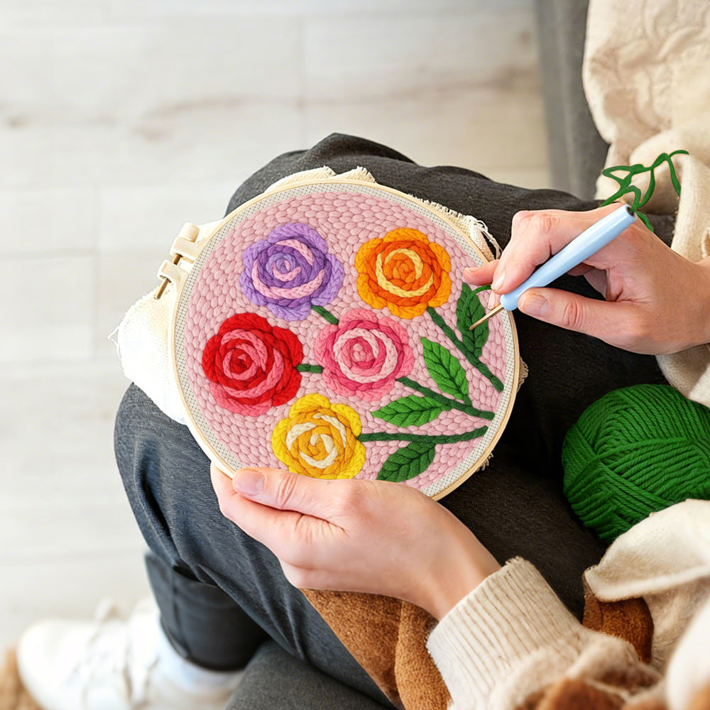 Creating handmade colorful rose bouquet punch needle artwork