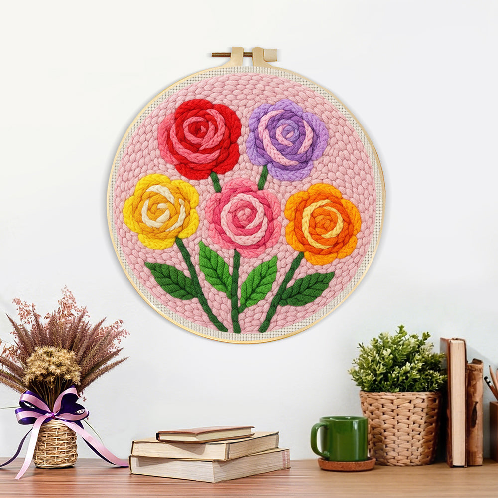 Finished colorful rose bouquet artwork displayed on a wall