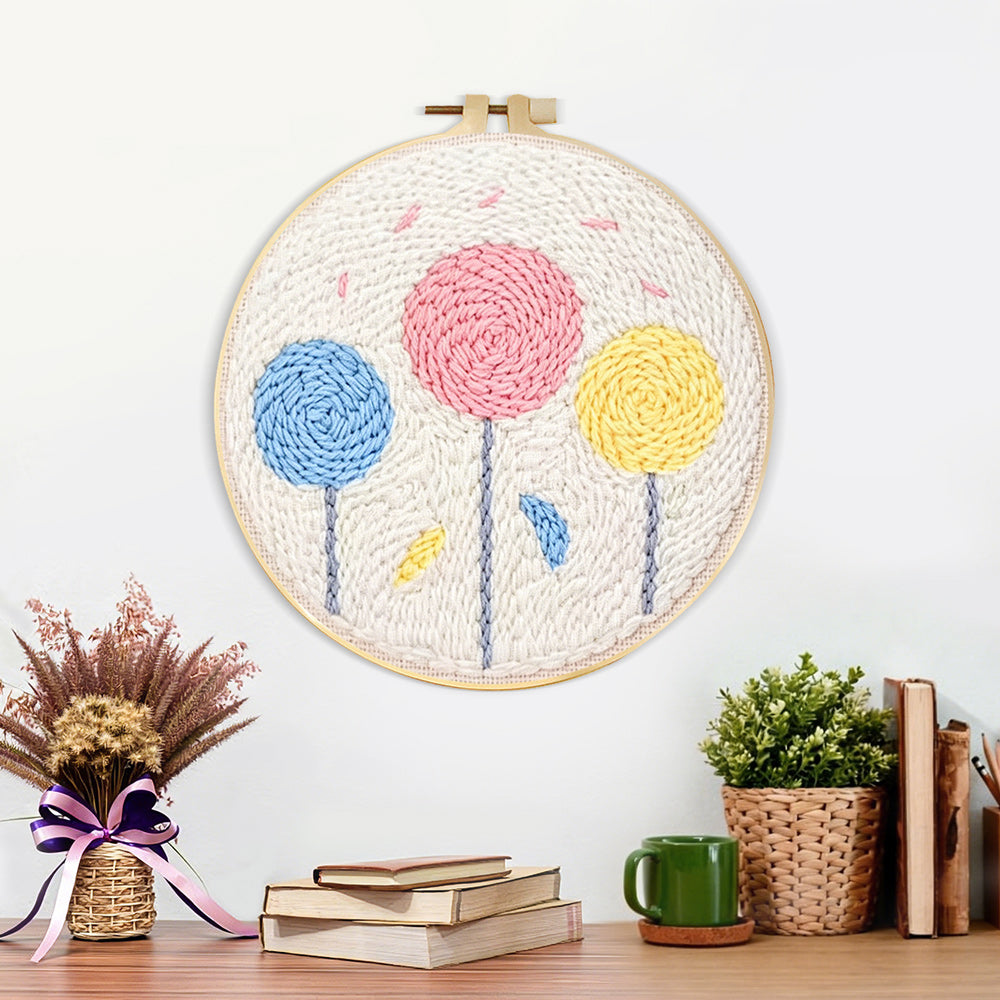 Finished colorful round flowers artwork displayed on a wall