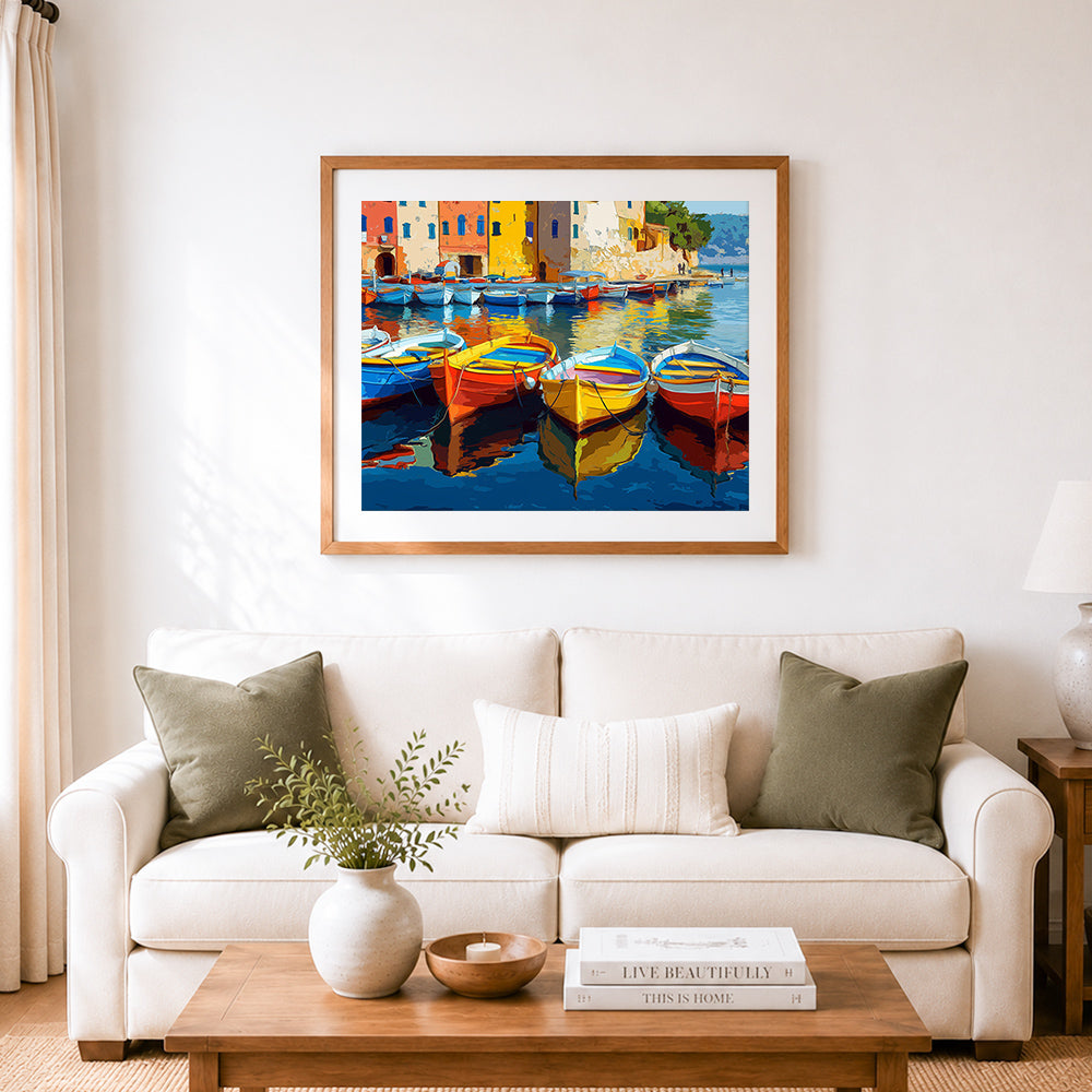 Finished colorful rowboats moored in vibrant harbor cross stitch artwork displayed as home decor