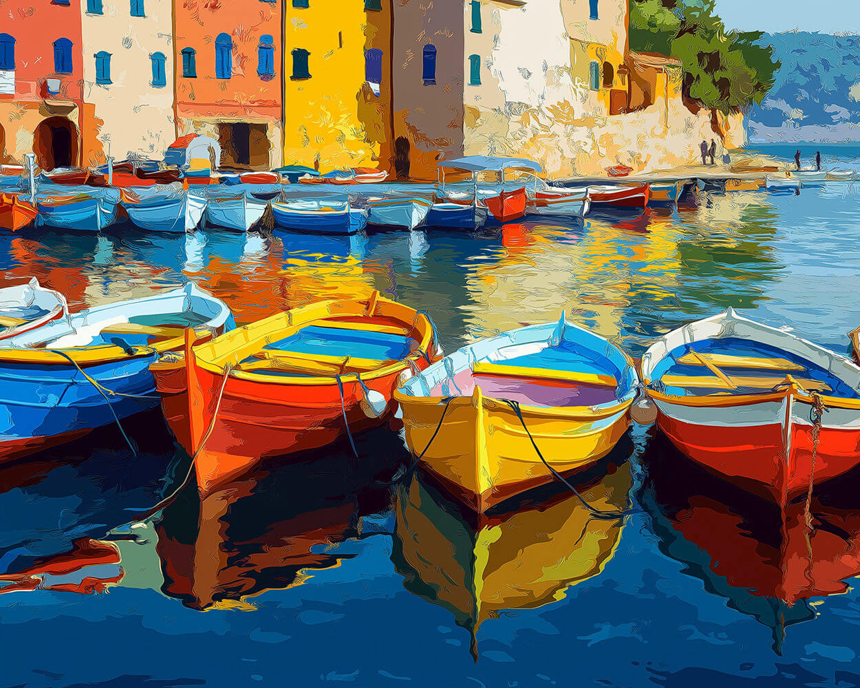 Colorful rowboats moored in vibrant harbor cross stitch kit for beginners