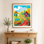 Finished colorful rural journey cross stitch artwork displayed as home decor