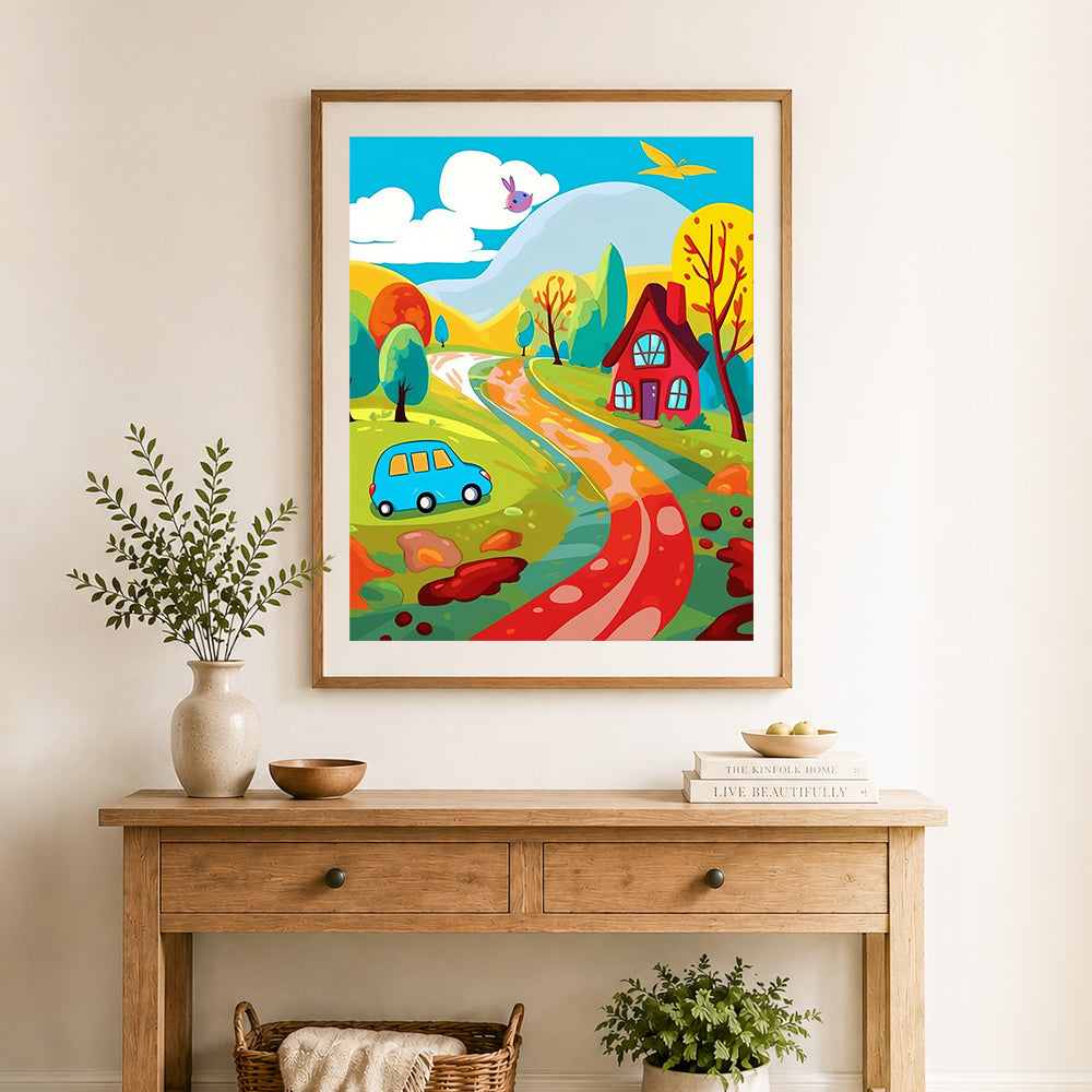 Finished colorful rural journey cross stitch artwork displayed as home decor