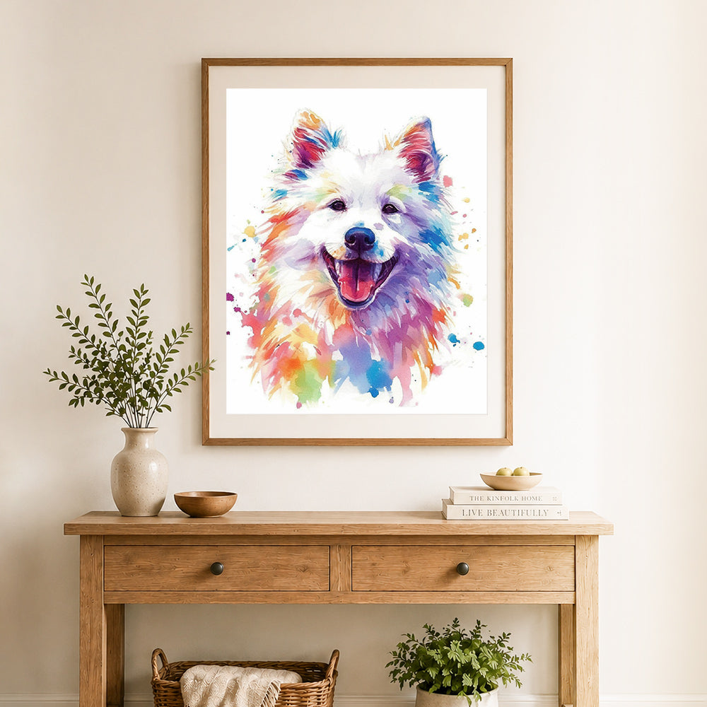 Finished colorful samoyed watercolor portrait cross stitch artwork displayed as home decor