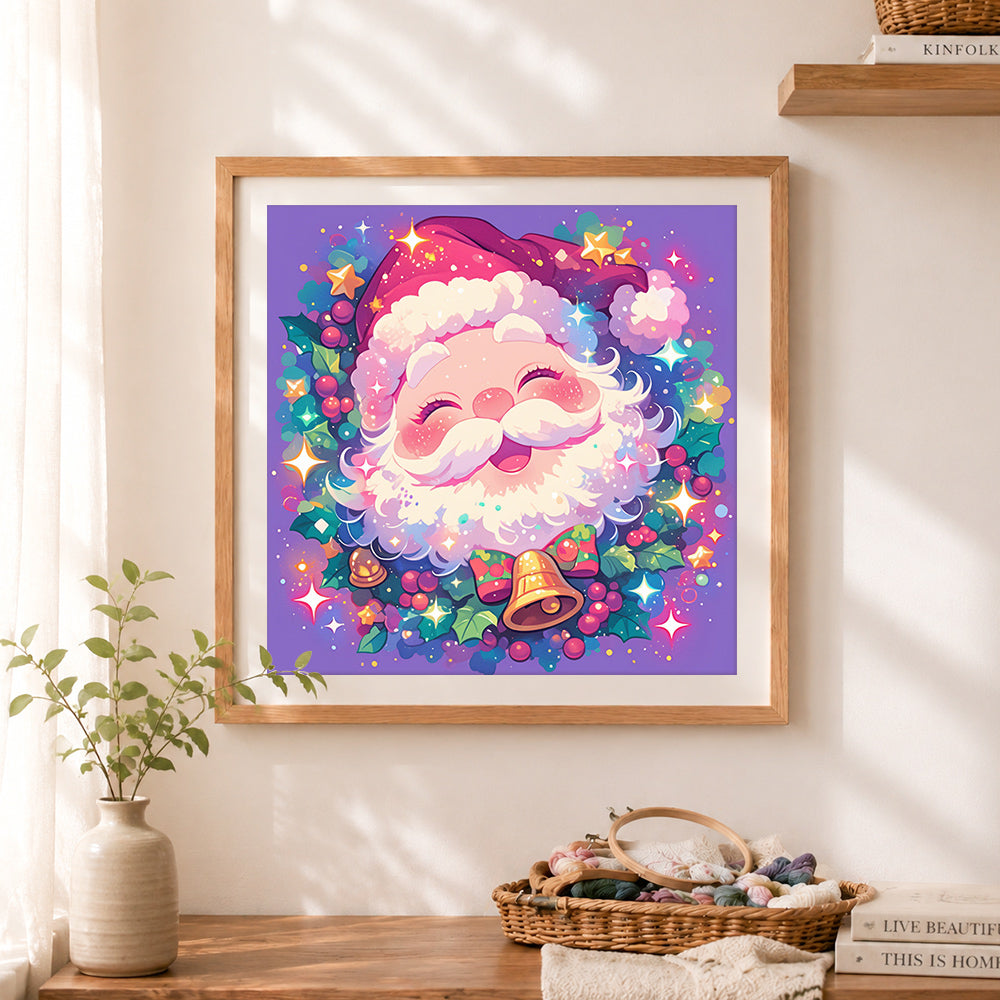 Finished colorful santa art cross stitch artwork displayed as home decor