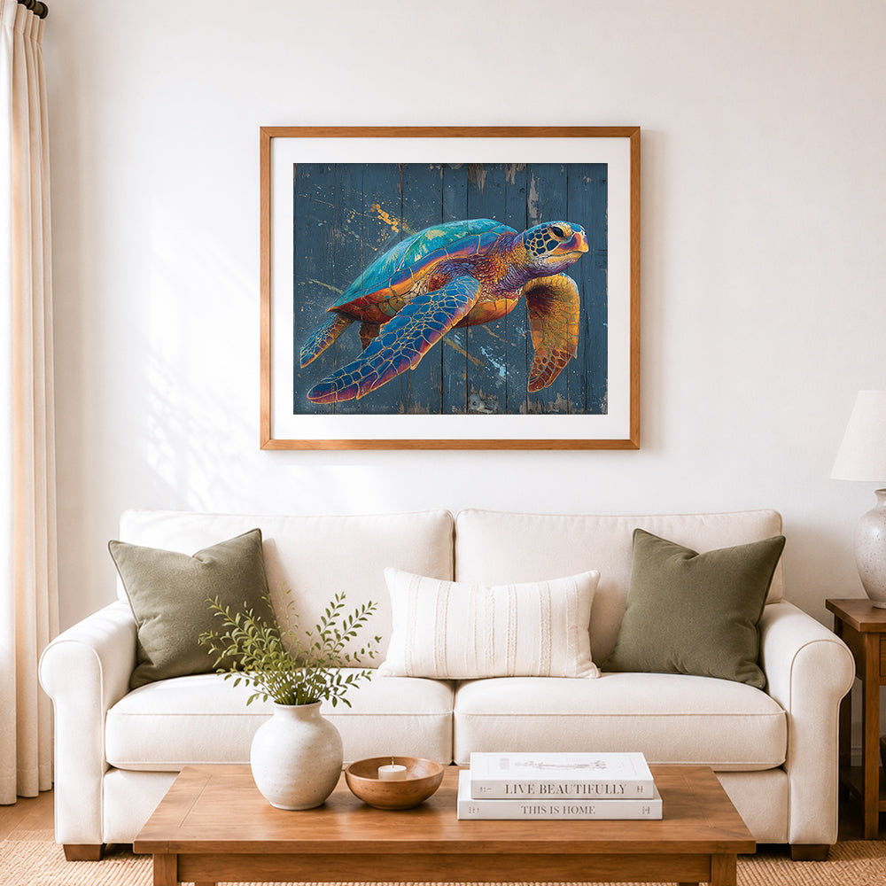 Finished colorful sea turtle art cross stitch artwork displayed as home decor