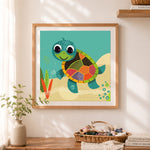 Finished colorful sea turtle cross stitch artwork displayed as home decor