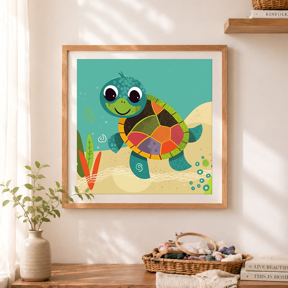 Finished colorful sea turtle cross stitch artwork displayed as home decor