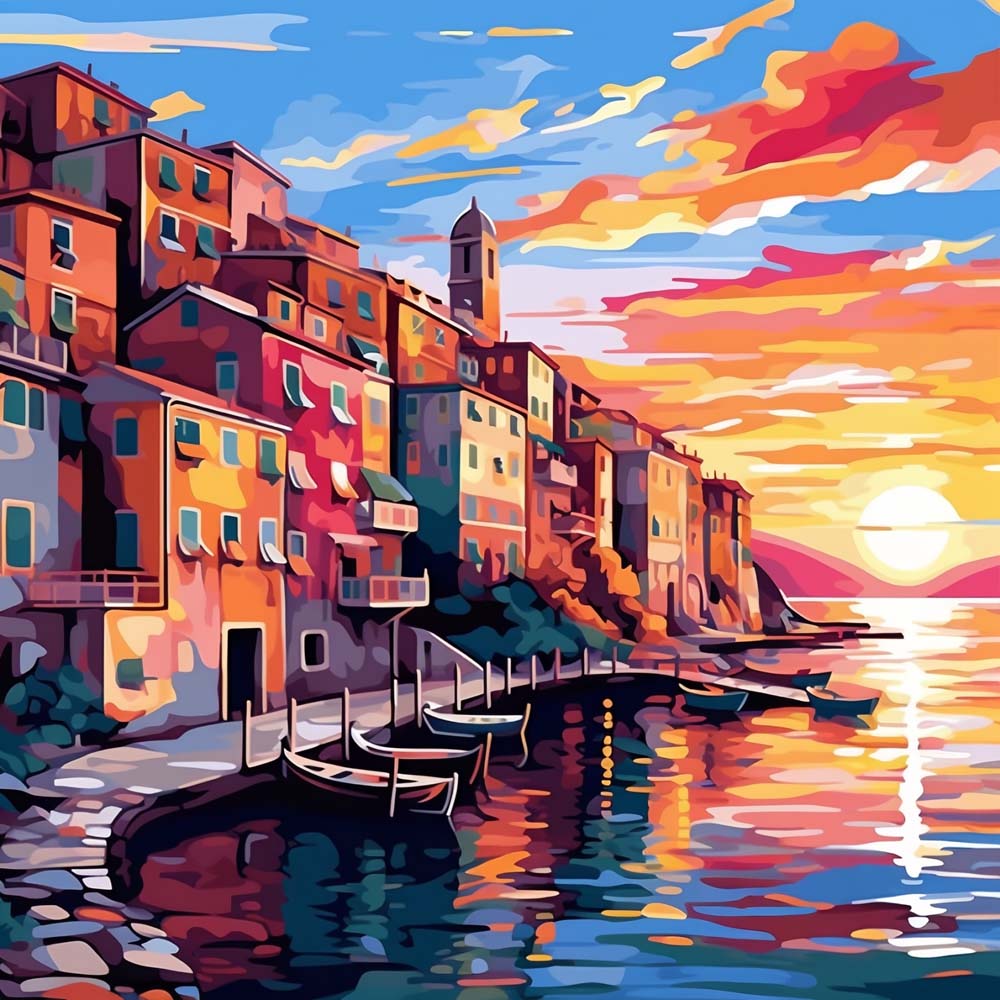 Colorful seaside harbor cross stitch kit for beginners