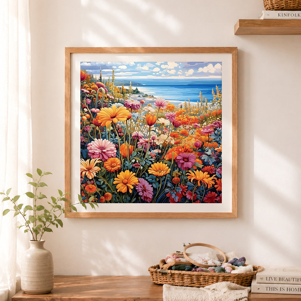 Finished colorful seaside wildflowers cross stitch artwork displayed as home decor