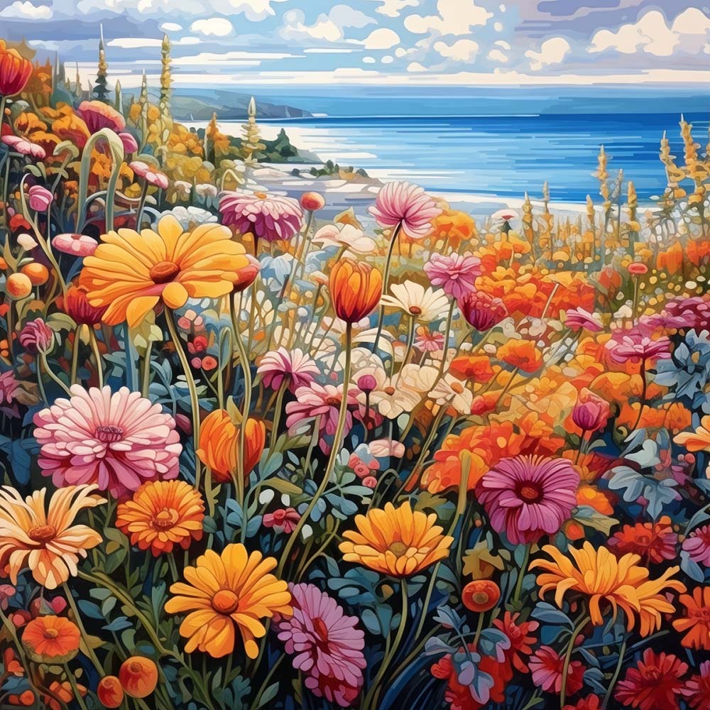 Colorful seaside wildflowers cross stitch kit for beginners