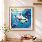 Finished colorful shark ocean underwater art cross stitch artwork displayed as home decor