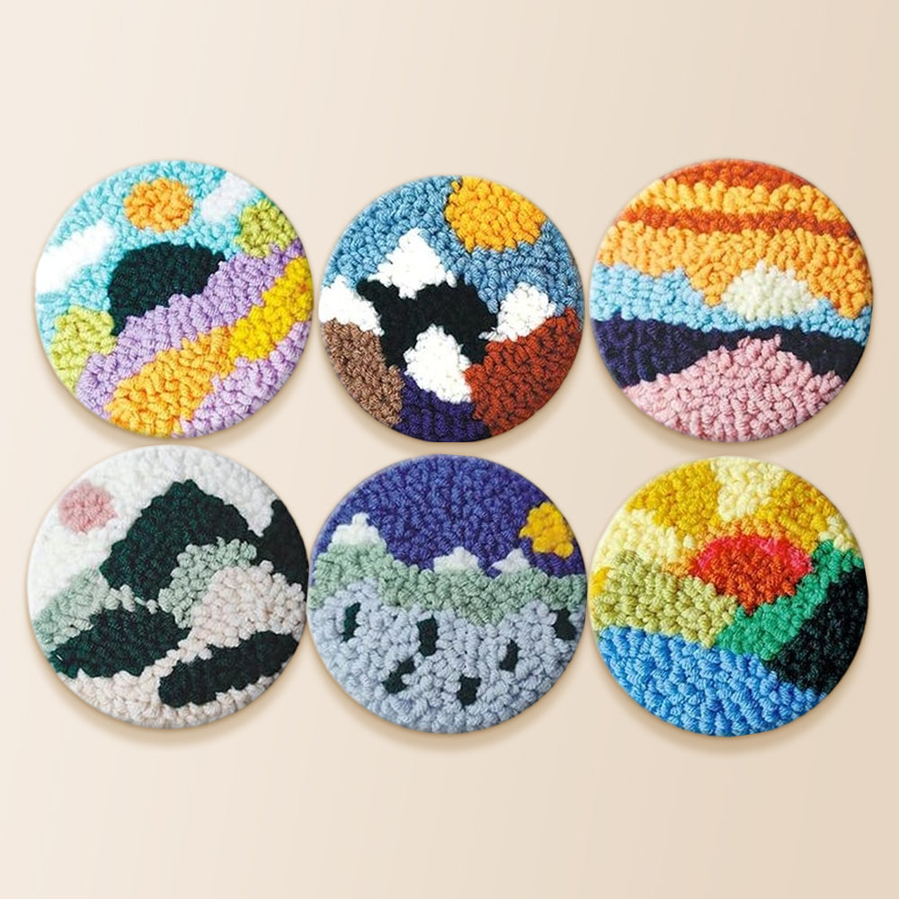 Colorful sky and mountains punch needle coaster kit finished handmade coasters