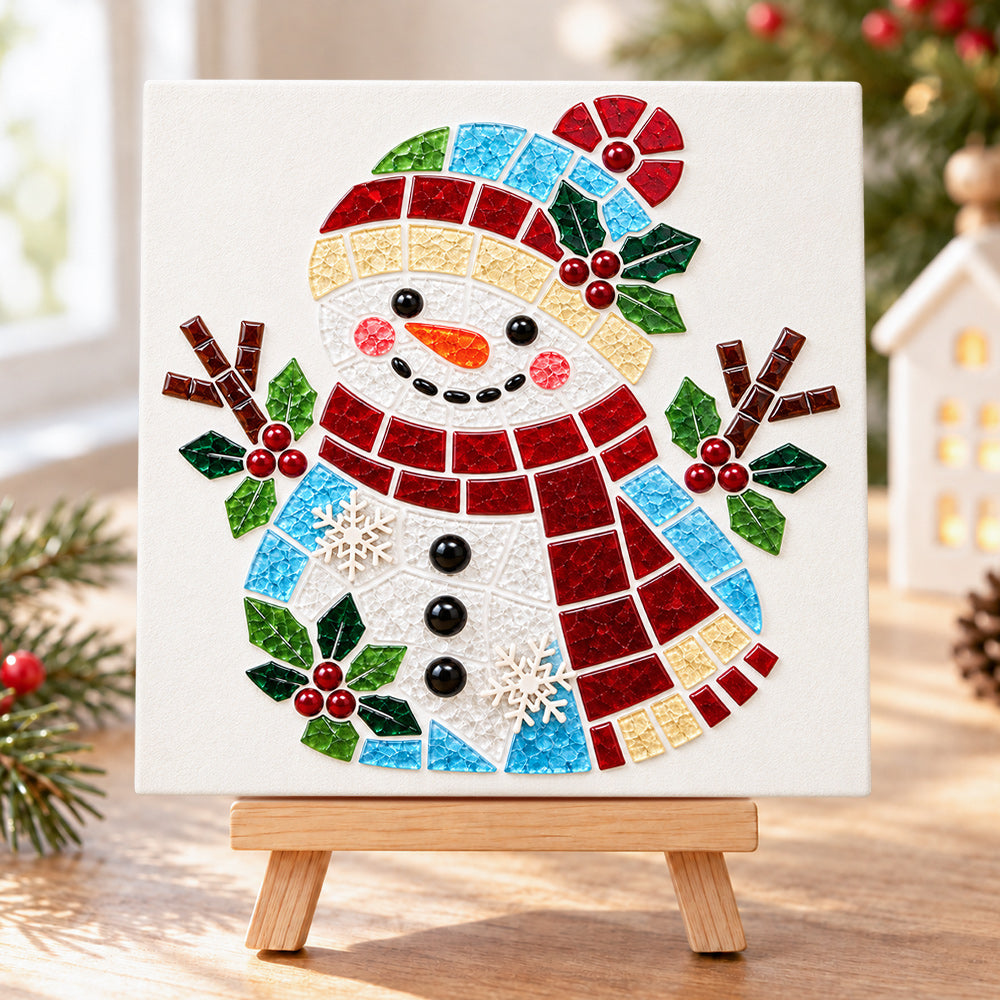 Colorful snowman sea glass art kit finished artwork on display