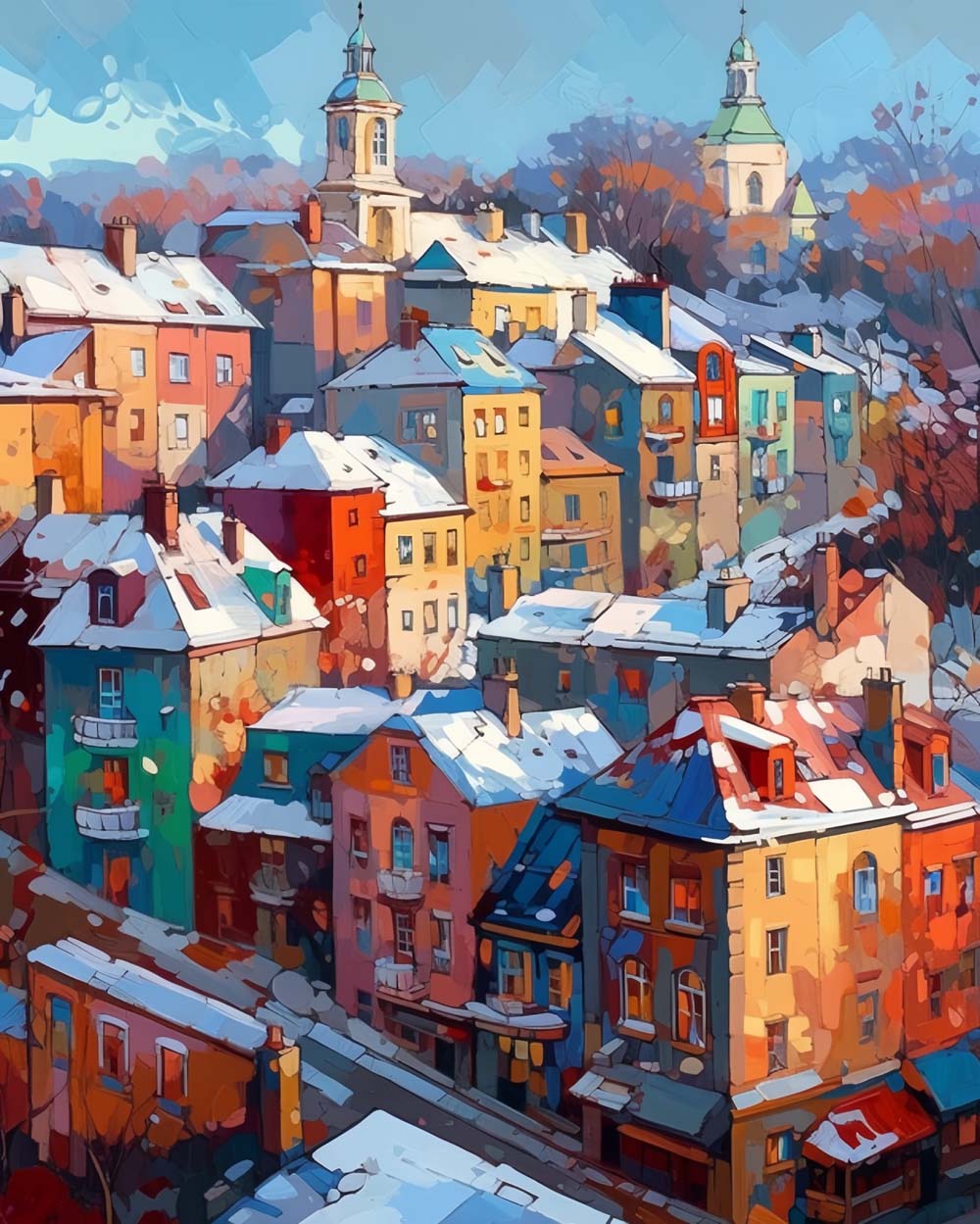 Colorful snowy european town cross stitch kit for beginners