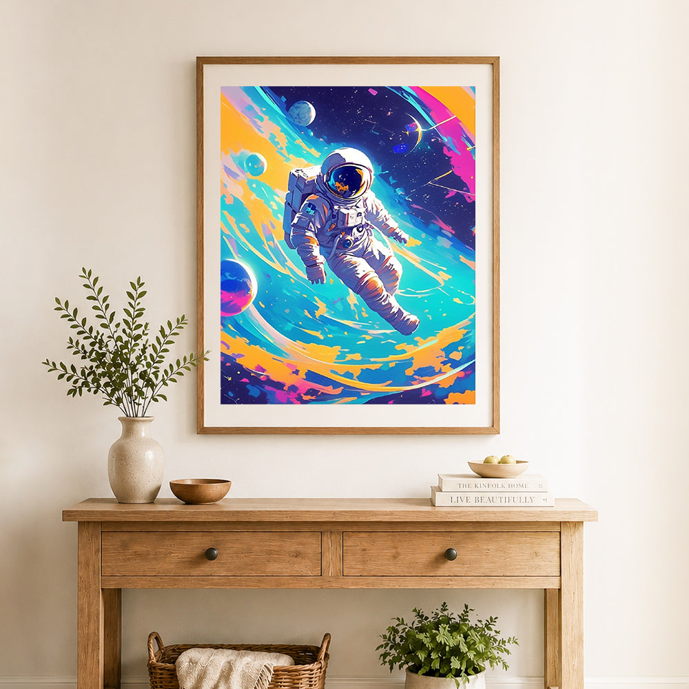 Finished colorful space wanderer cross stitch artwork displayed as home decor