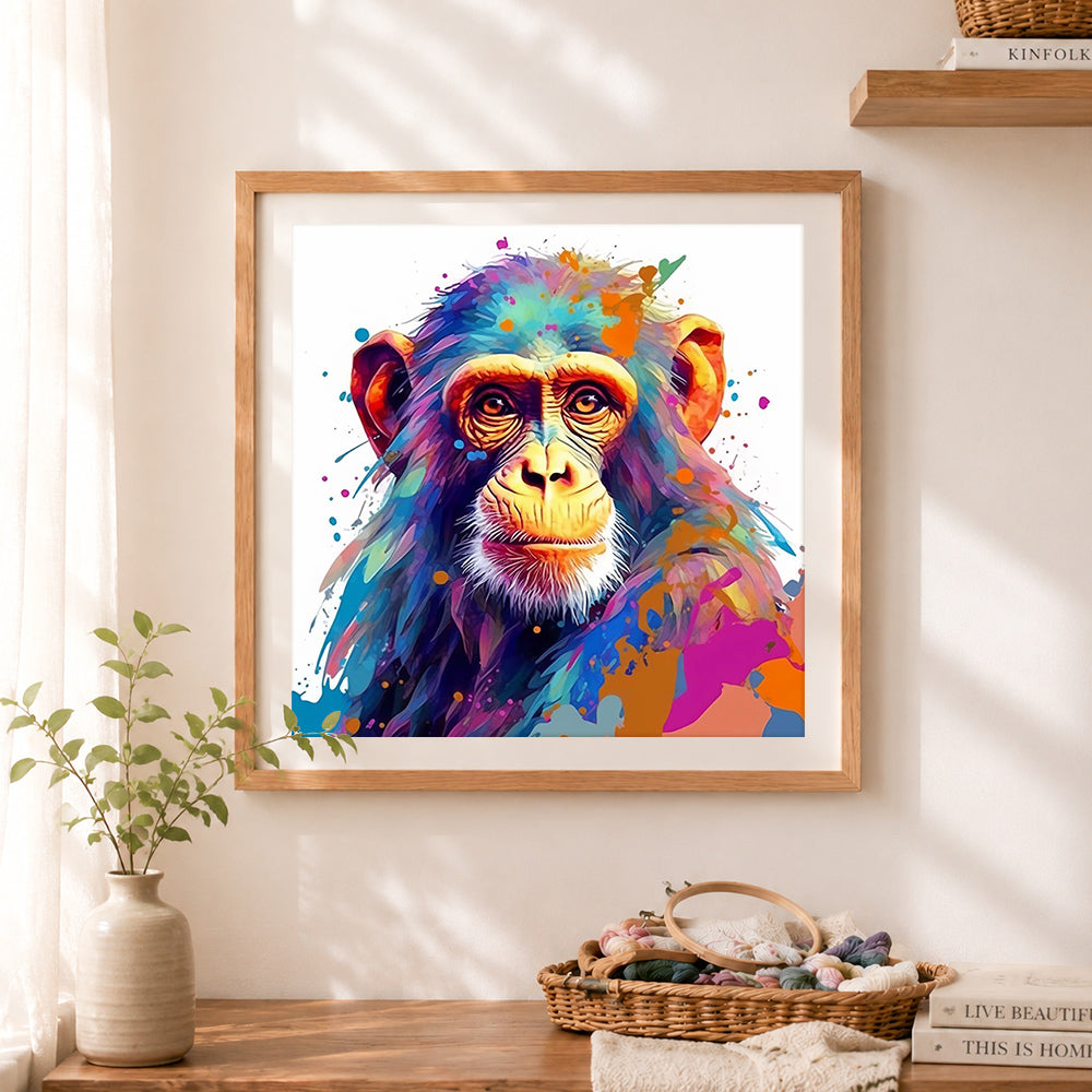 Finished colorful splash‑art chimpanzee cross stitch artwork displayed as home decor