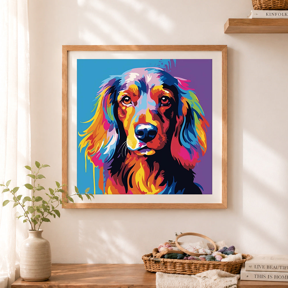 Finished colorful splash spaniel cross stitch artwork displayed as home decor