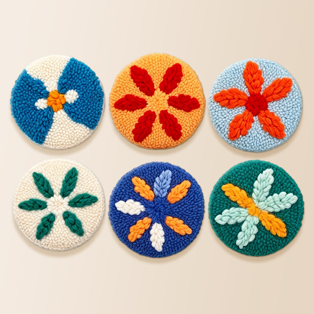 Colorful starburst leaves punch needle coaster kit finished handmade coasters