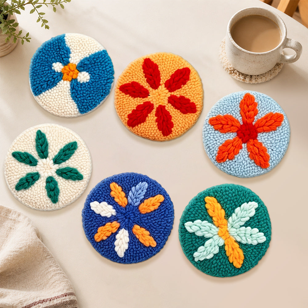 Colorful starburst leaves punch needle coasters used for home decoration