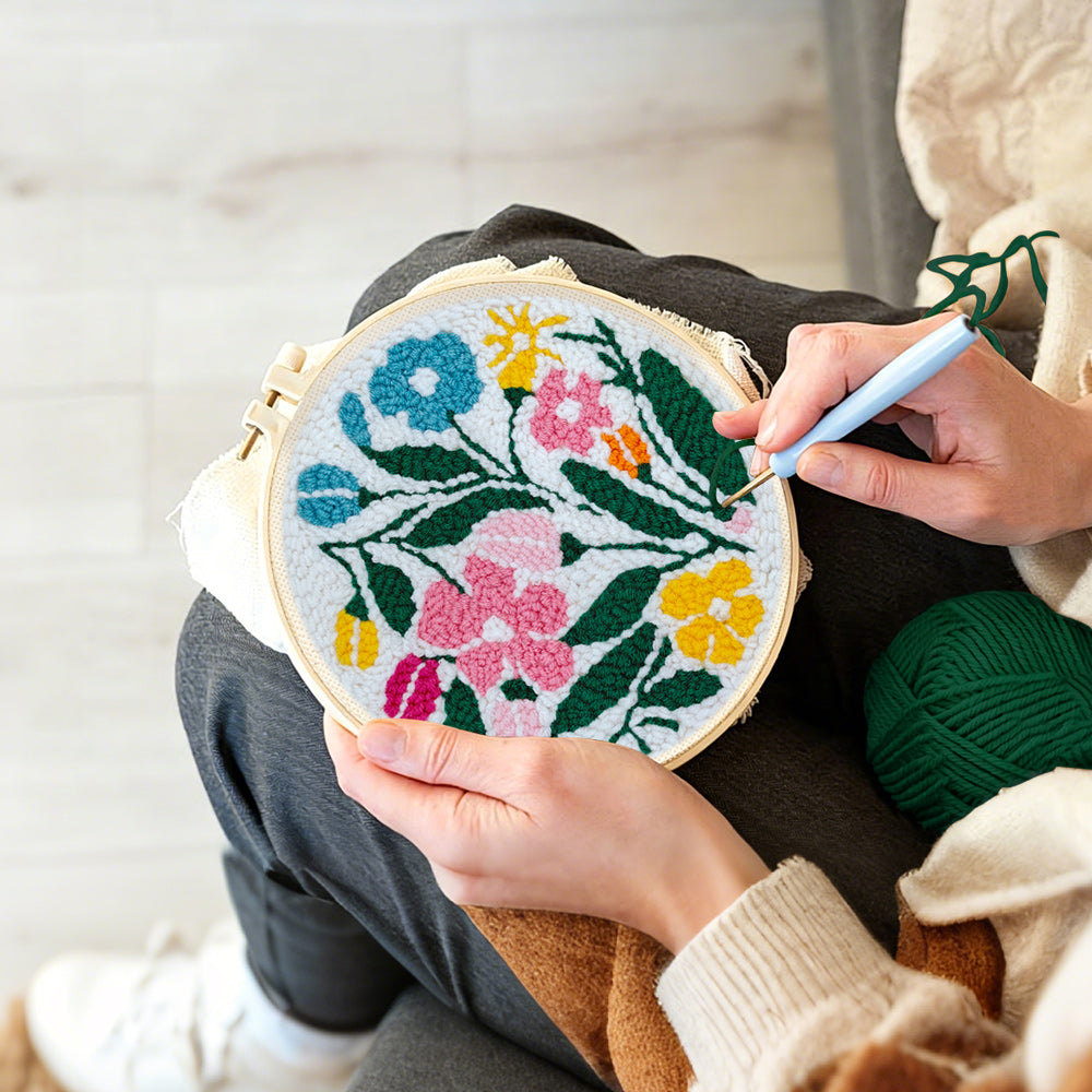 Creating handmade colorful summer blooms punch needle artwork