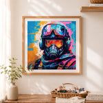 Finished colorful tactical operative art cross stitch artwork displayed as home decor