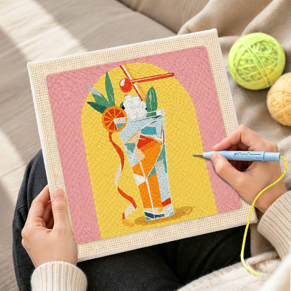 Creating handmade colorful tall cocktail punch needle artwork