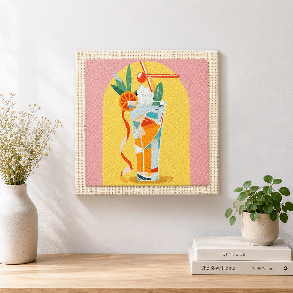 Finished colorful tall cocktail artwork displayed on a wall