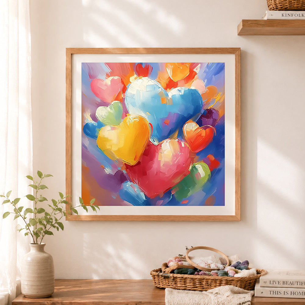 Finished colorful thick impasto hearts cross stitch artwork displayed as home decor