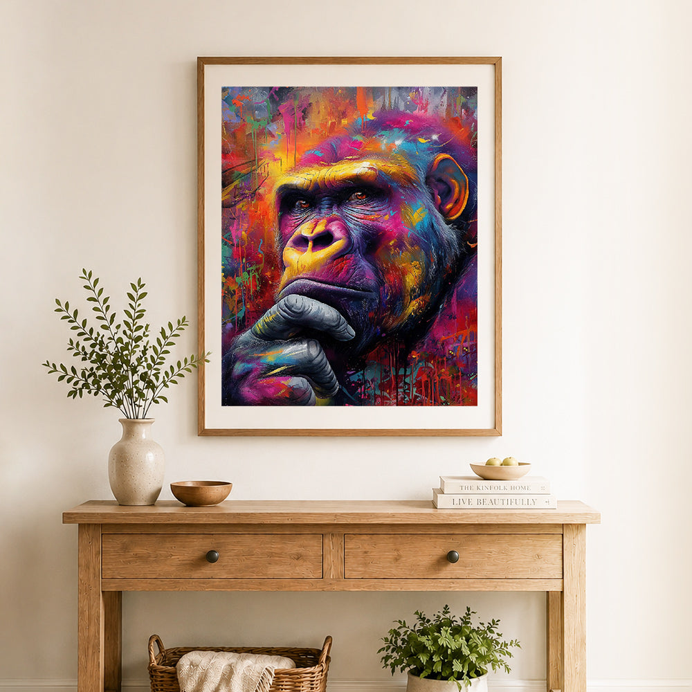 Finished colorful thoughtful gorilla cross stitch artwork displayed as home decor
