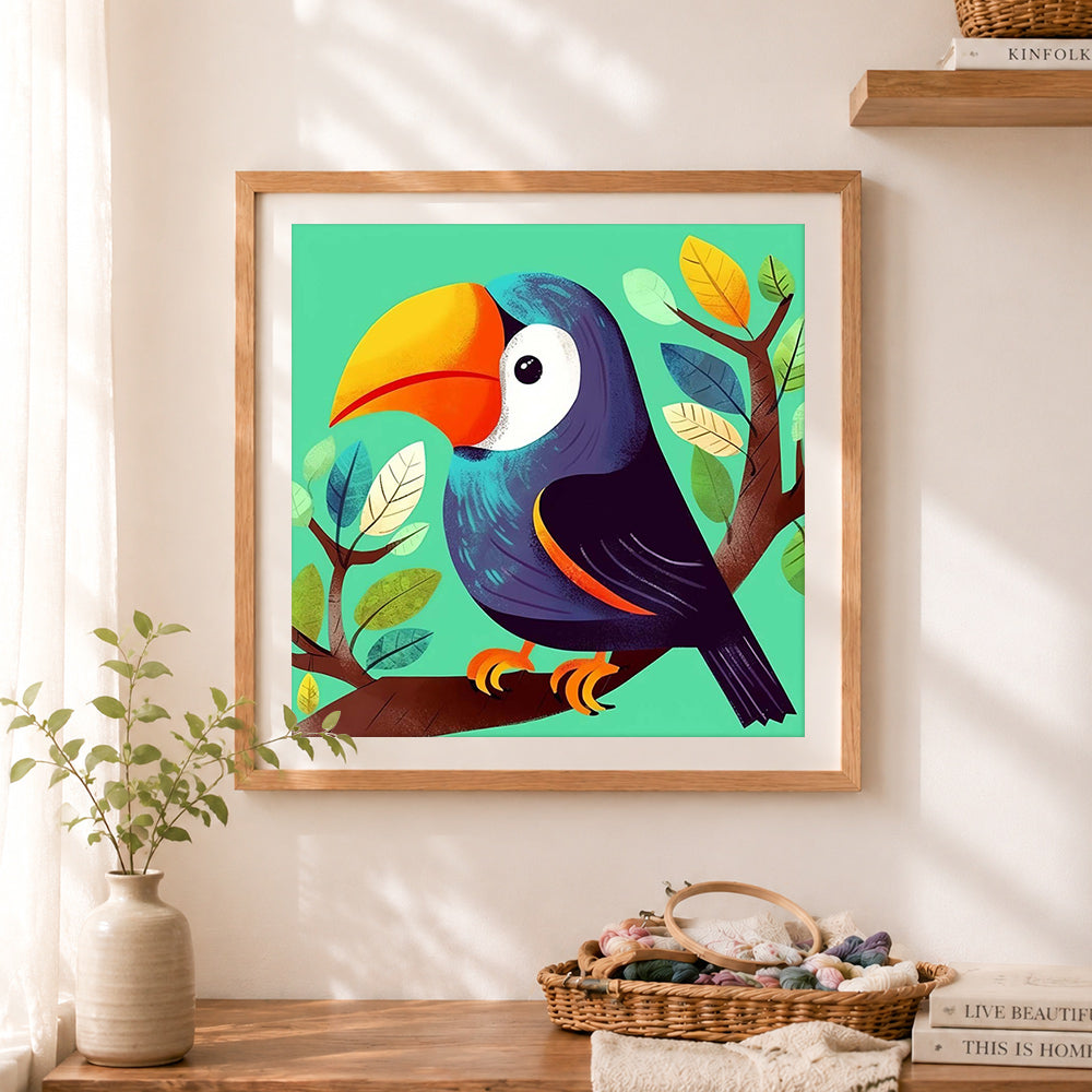 Finished colorful toucan bird cross stitch artwork displayed as home decor