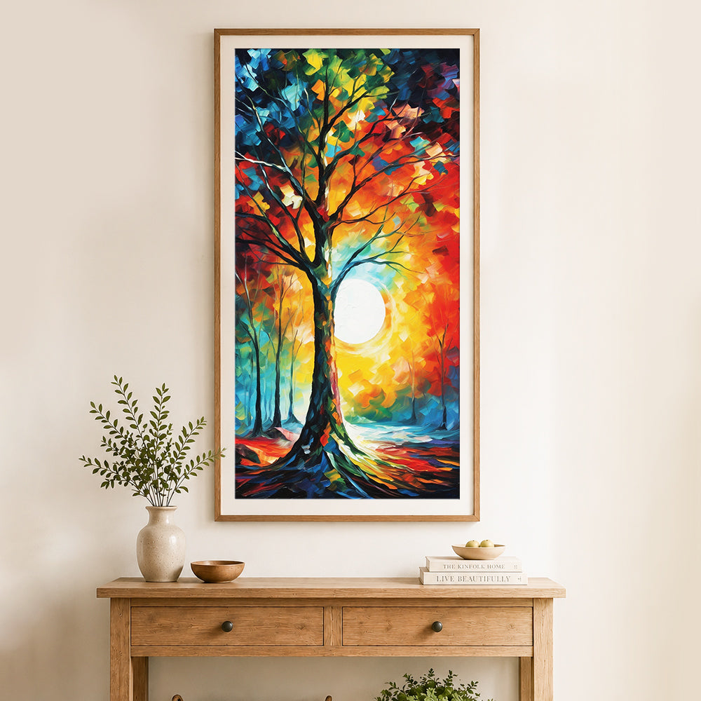 Finished colorful tree with glowing sun cross stitch artwork displayed as home decor