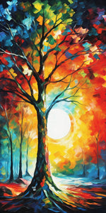 Colorful tree with glowing sun cross stitch kit for beginners